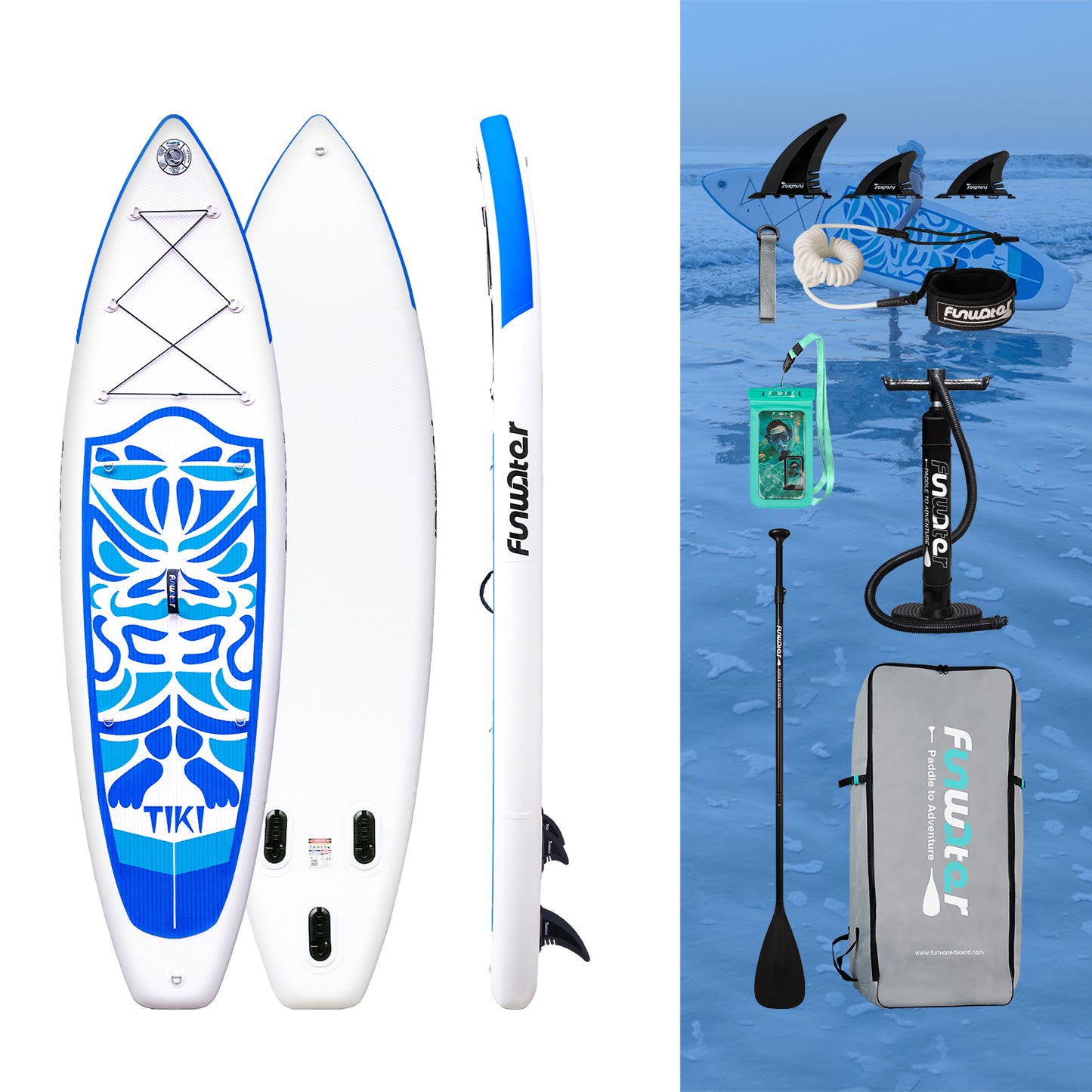 Tiki 10'6" Stand Up Paddle Board with its accessories