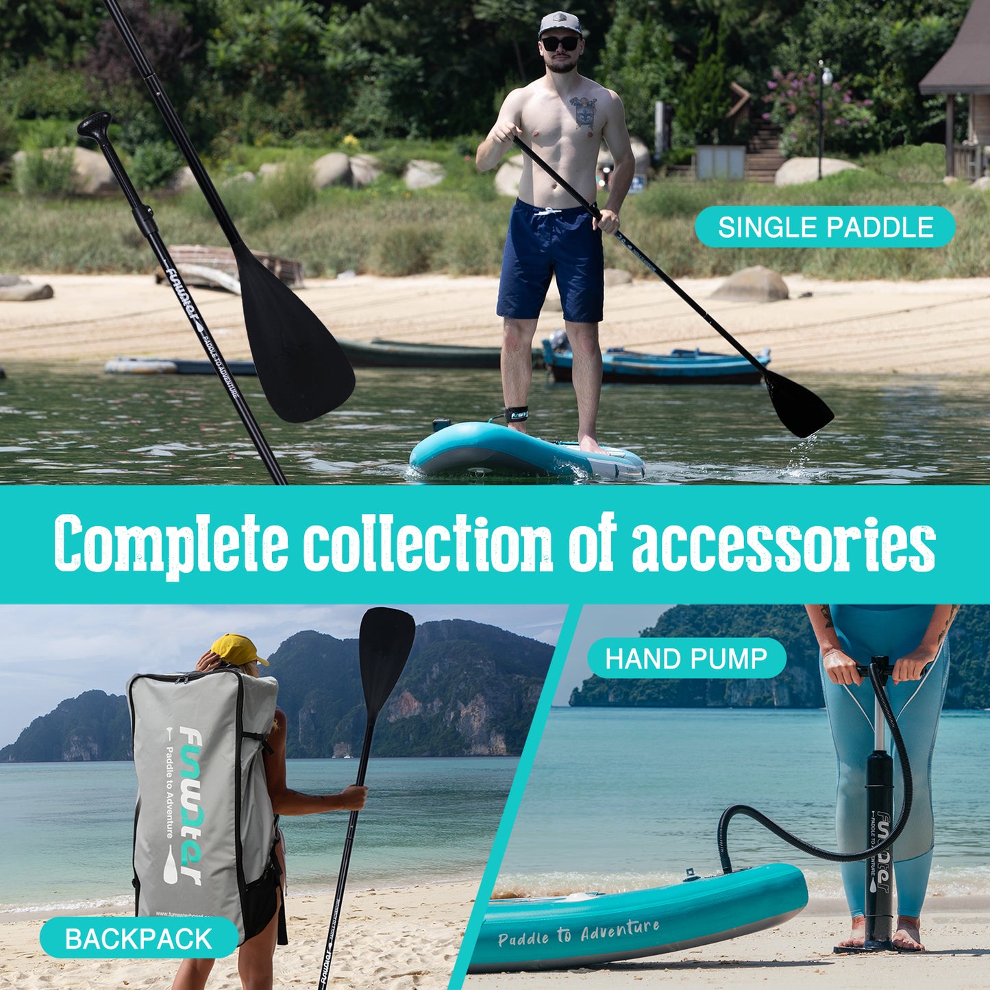 New Tiki 10'6" Inflatable Paddle Board accessories include a siggle paddle, a backpack, and a hand pump