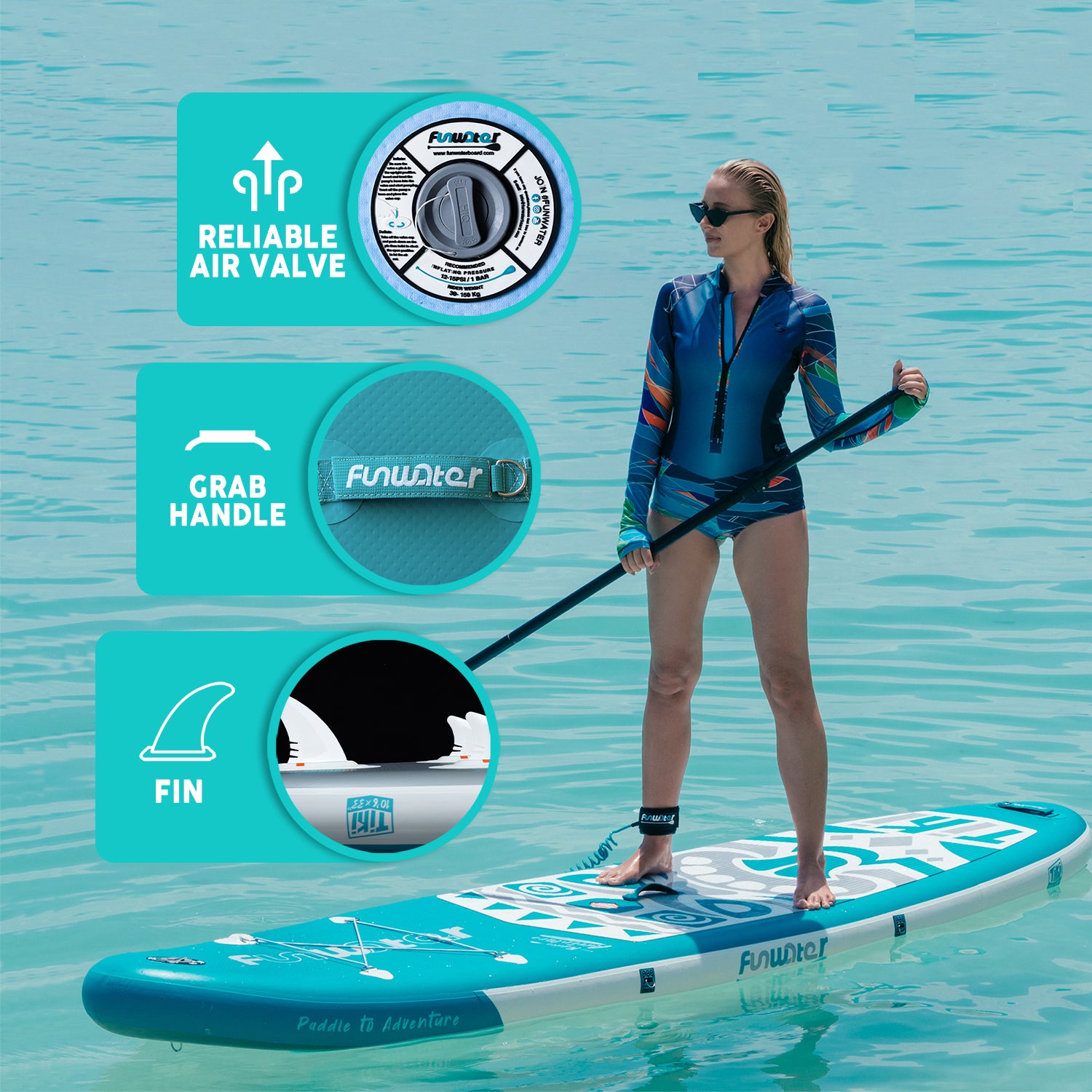 New Tiki 10'6" Inflatable Paddle Board has three fins,a grab handle and a reliable air valve