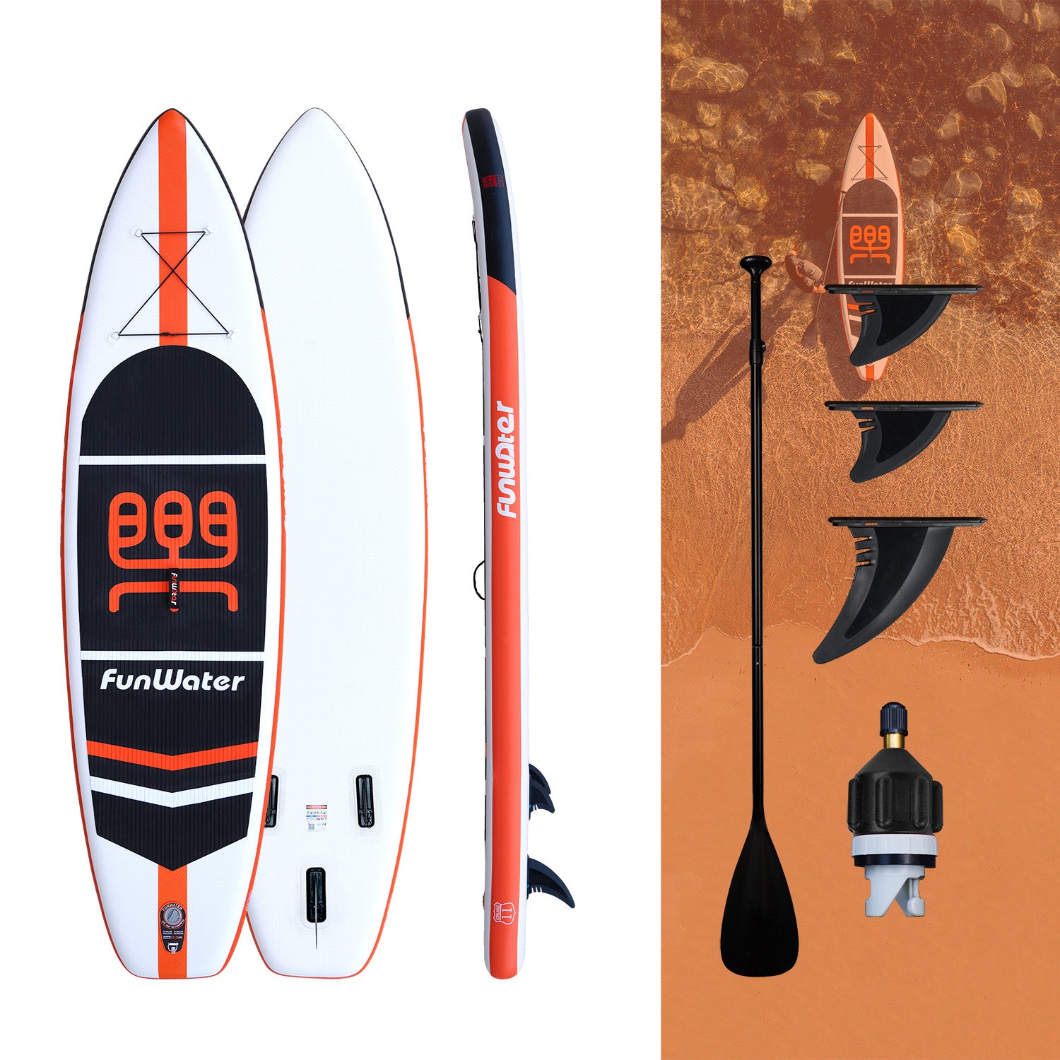 The paddle board has three tail fins, a paddle, and an inflatable adapter.