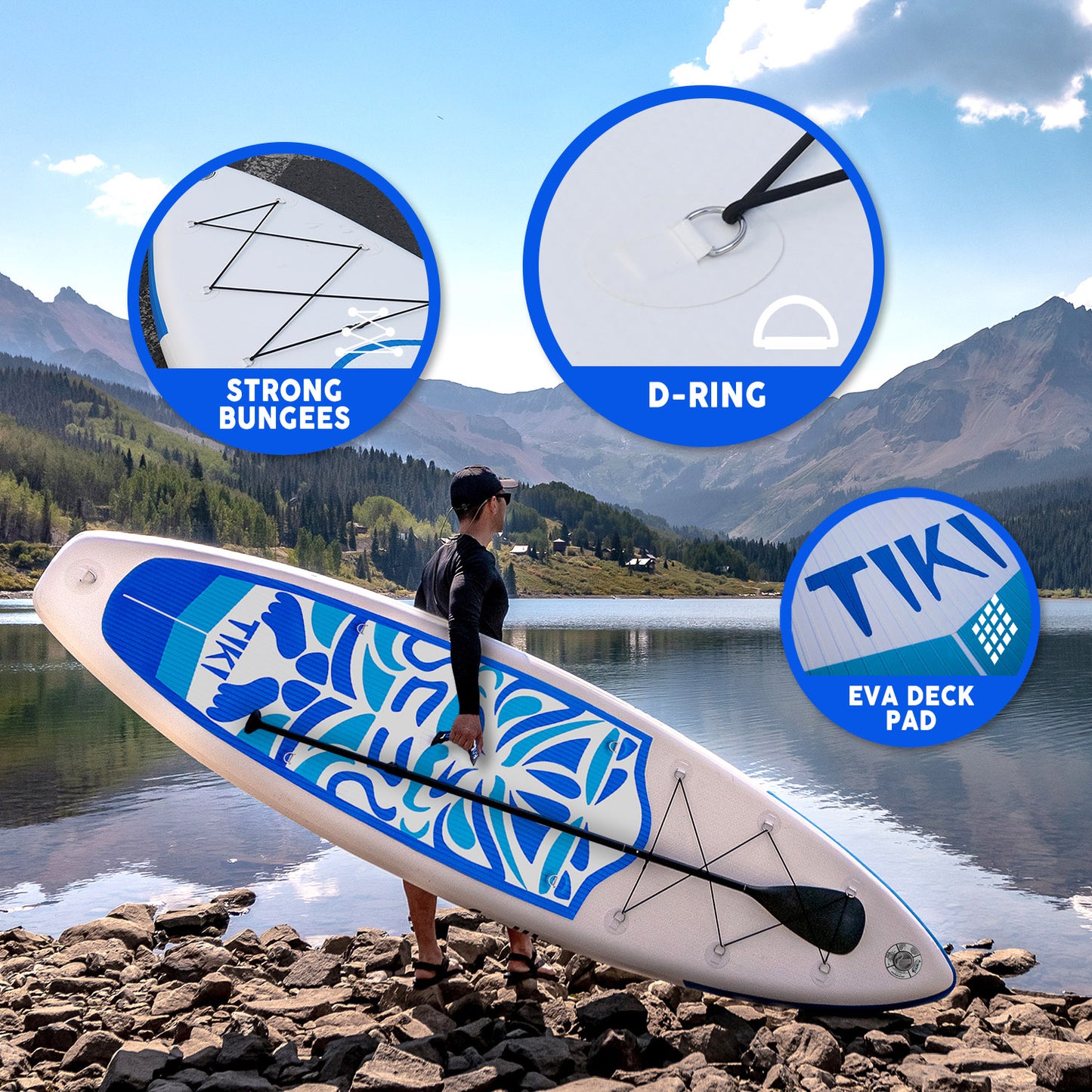 Tiki Stand Up Paddle Board accessories has strong bungees, a D-ring, and EVA beck pad