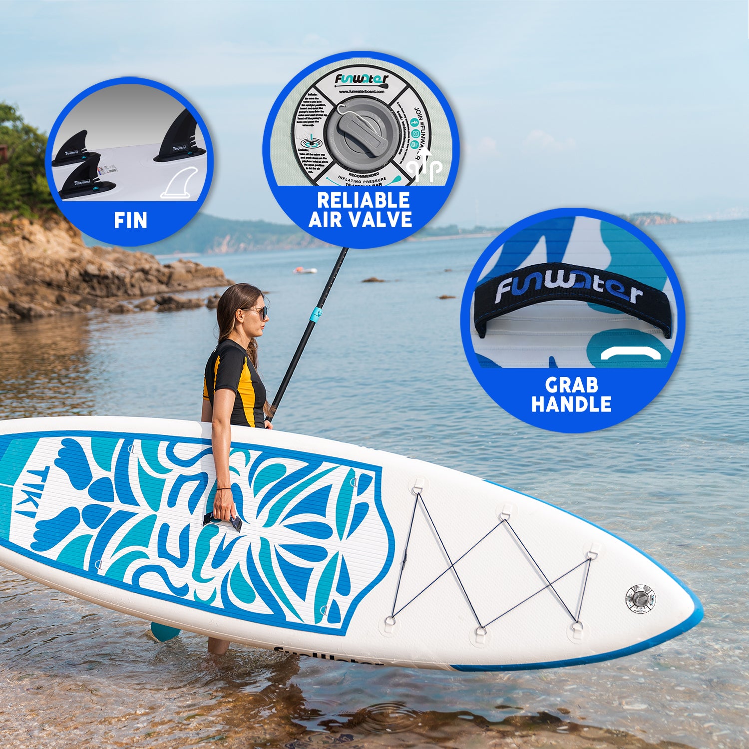 Tiki Stand Up Paddle Board accessories has three fins,a grab handle and a relable air valve