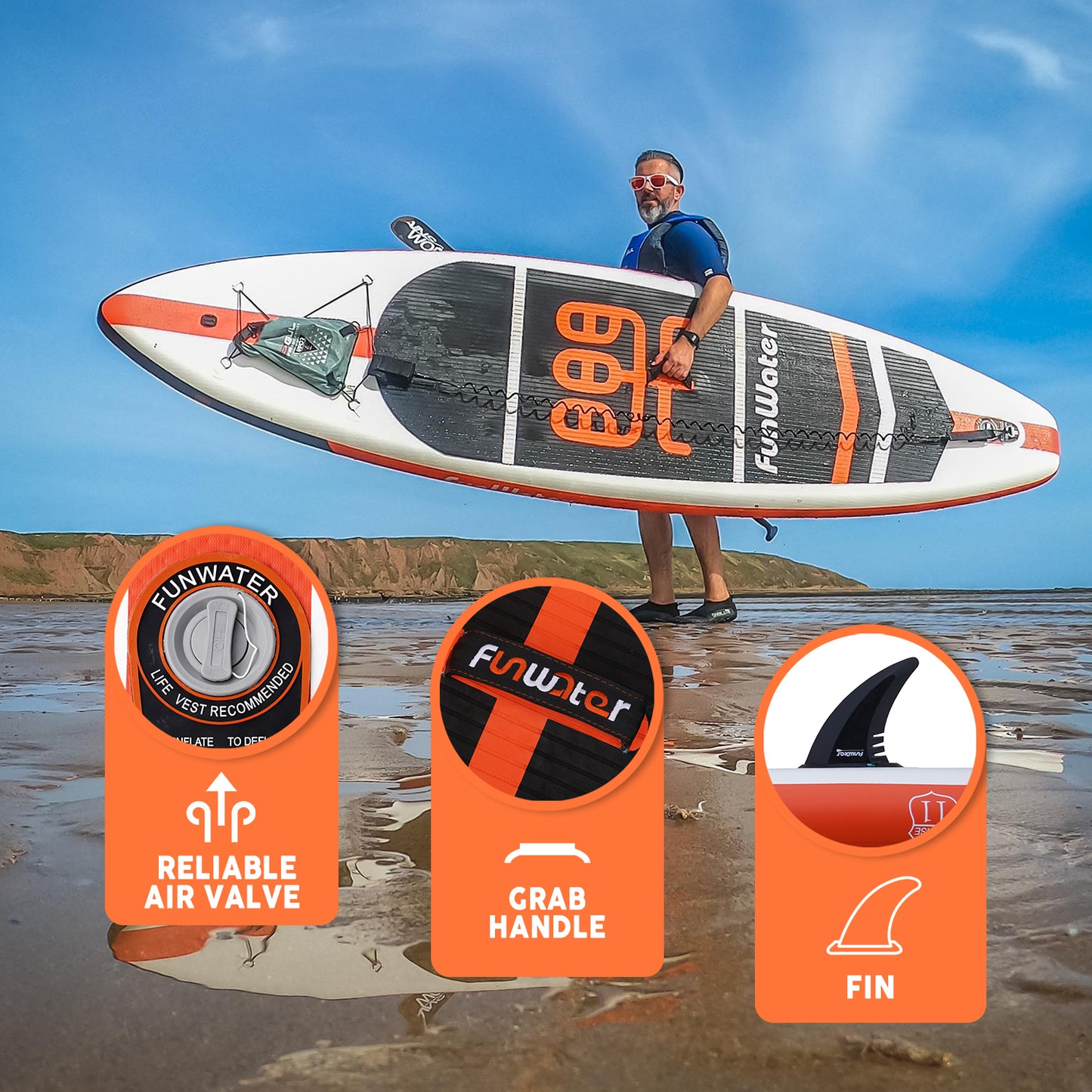 Paddleboard includes reliable air balve,crab handle and fin.