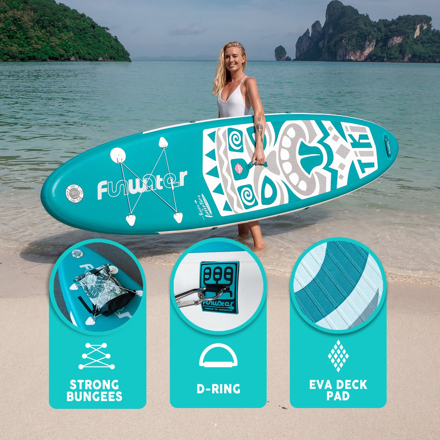 New Tiki 10'6" Inflatable Paddle Board accessories has strong bungees, D-ring, and EVA deck pad