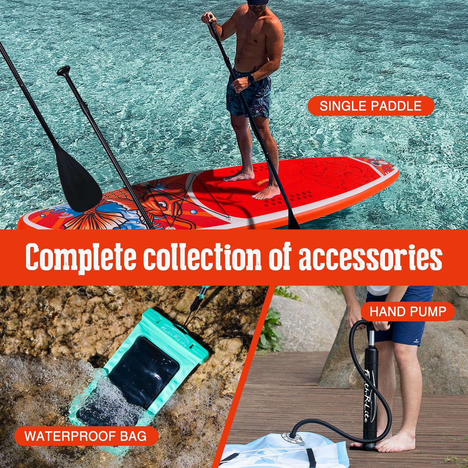 Funwater paddle board accessories includes single paddle, waterproof phone pouch, and high pressure hand pump