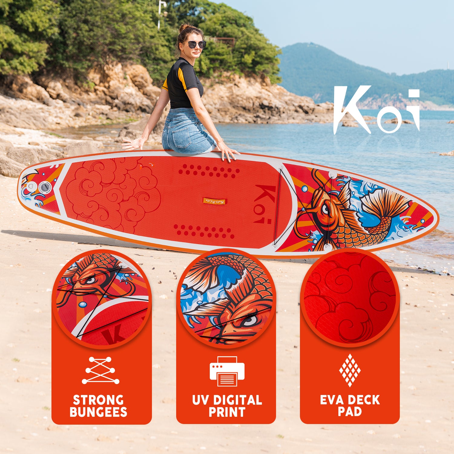 Funwater inflatable SUP KOI 11' has strong bungees to store your backpack, and EVA deck pad to avoid slippery