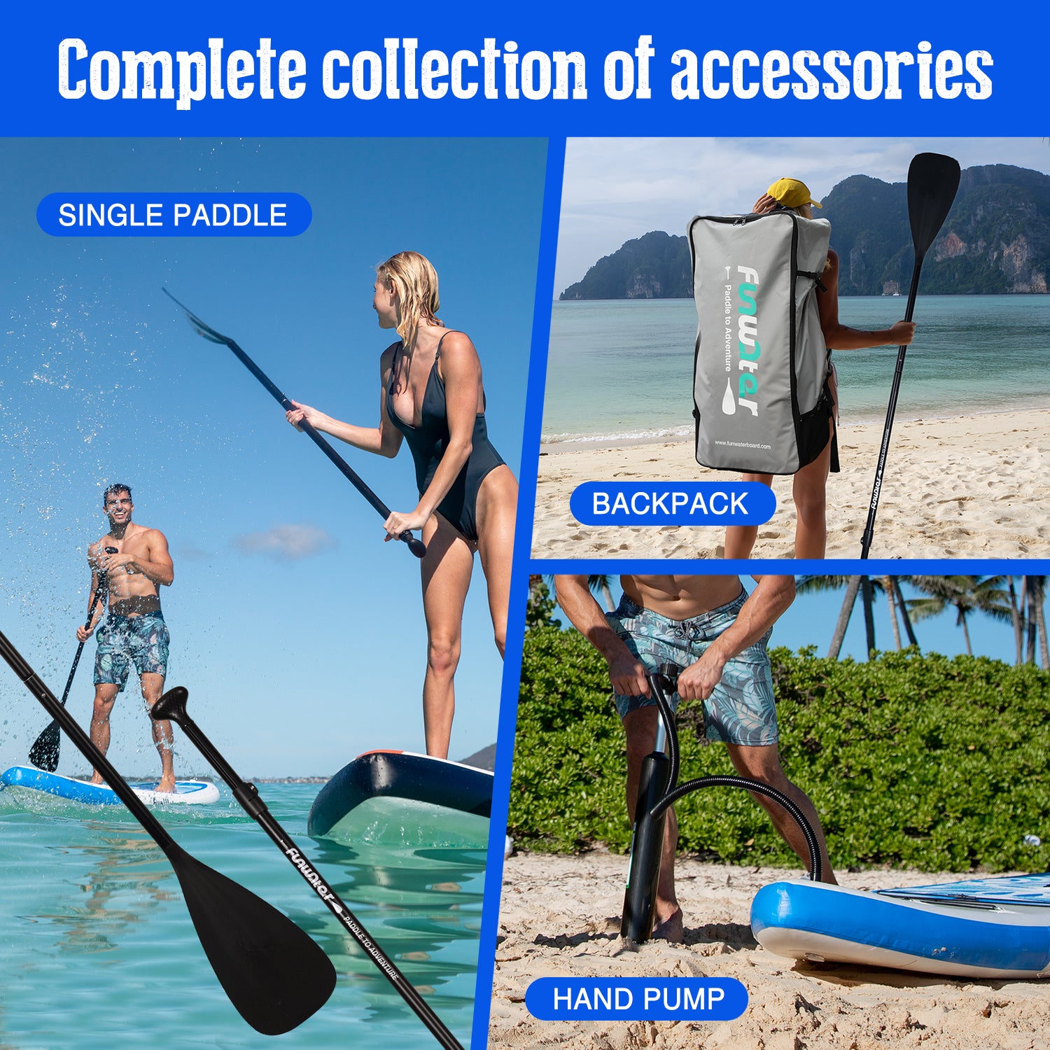 Tiki 10'6" Stand Up Paddle Board accessories has a siggel paddle, a backpack, and a hand pump